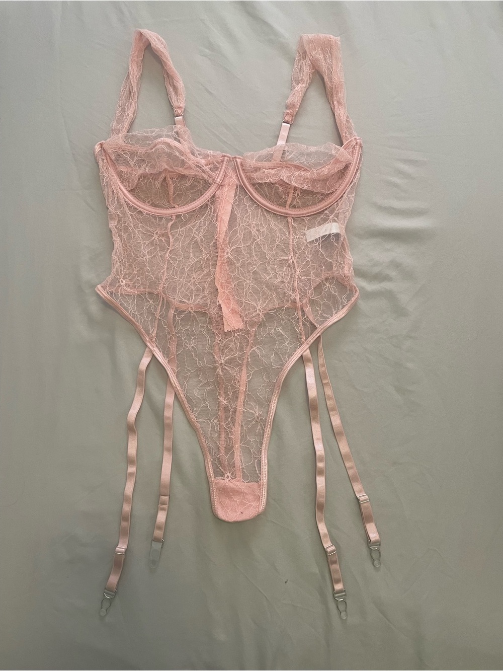 Forplay Sheer Lace Garter Bodysuit - Pink